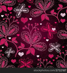 Dark purple seamless valentine pattern with butterflies and hearts (vector)