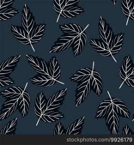 Dark random seamless pattern with black outline leaf shapes. Navy blue background. Perfect for fabric design, textile print, wrapping, cover. Vector illustration.. Dark random seamless pattern with black outline leaf shapes. Navy blue background.