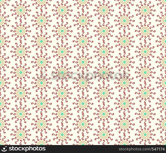 Dark red swirl or spiral and circle pattern on pastel background. Vintage and sweet seamless pattern for retro or classic design