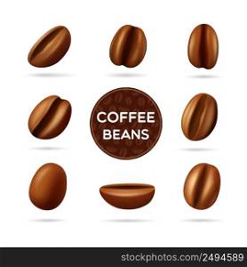 Dark roasted coffee beans set in different positions and round label concept vector illustration. Coffee beans concept set