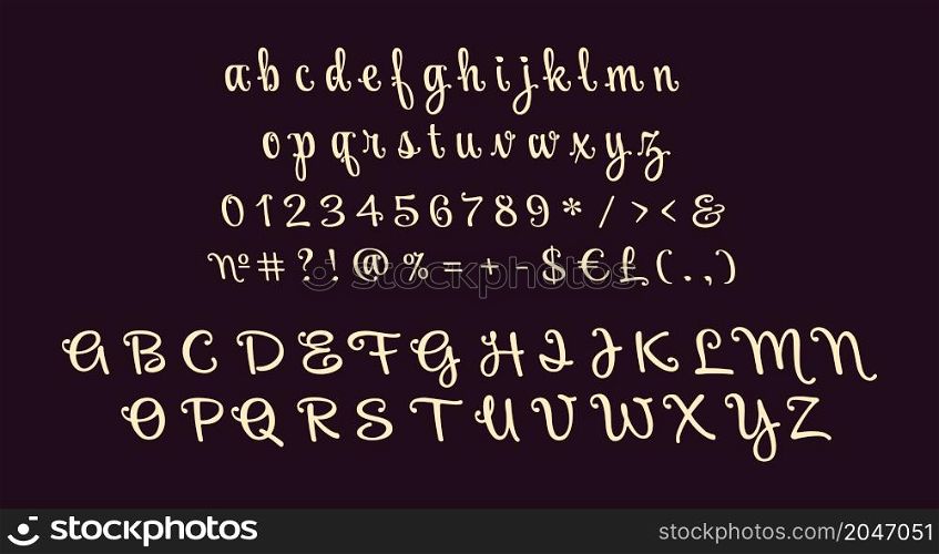 Dark script alphabet set. Vector decorative typography. Decorative typeset style. Latin script for headers. Trendy letters and numbers for graphic posters, banners, invitations texts for dark theme. Dark script alphabet set