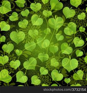 Dark seamless background with bright green leaves and vintage pattern (vector eps 10)
