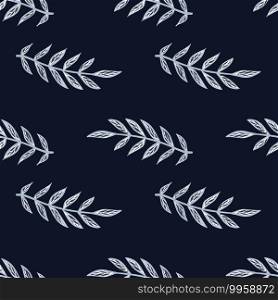 Dark seamless nature pattern with vintage blue outline leaf branches silhouettes. Navy blue background. Great for fabric design, textile print, wrapping, cover. Vector illustration.. Dark seamless nature pattern with vintage blue outline leaf branches silhouettes. Navy blue background.