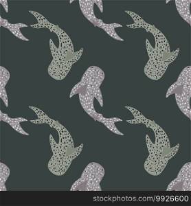 Dark seamless pattern in grey tones with whale shark ornament. Nature wildlife animals print. Perfect for fabric design, textile print, wrapping, cover. Vector illustration.. Dark seamless pattern in grey tones with whale shark ornament. Nature wildlife animals print.