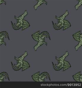 Dark seamless pattern with doodle dragons green contoured silhouettes. Grey background. Decorative backdrop for fabric design, textile print, wrapping, cover. Vector illustration.. Dark seamless pattern with doodle dragons green contoured silhouettes. Grey background.