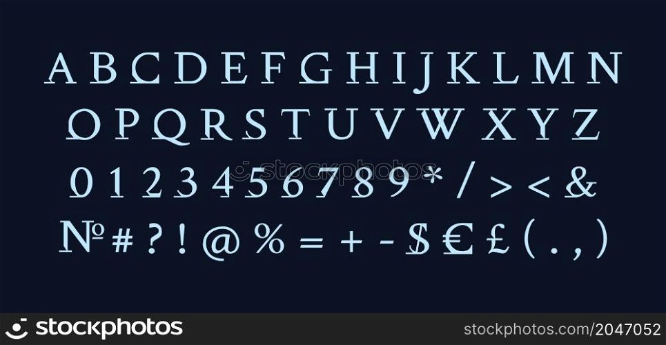 Dark serif roman alphabet set. Vector decorative typography. Decorative typeset style. Latin script for headers. Trendy letters and numbers for graphic posters, banners, invitation text for dark theme. Dark serif roman alphabet set