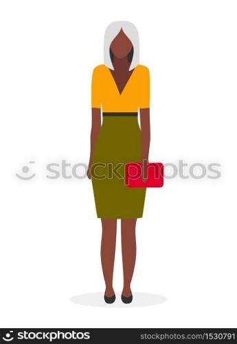 Dark skinned business lady flat vector illustration. Afro american elegant, glamour woman with blonde short haircut cartoon character. Young black businesswoman, manager in formal wear on white
