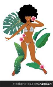 Dark skinned girl in leopard print bikini with tropical leaves and flowers.