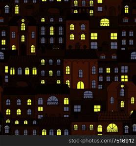 Dark streets of old town at night background with retro seamless pattern of brown houses with yellow and blue shining windows. Use as european travel or interior accessories design. Old town at night retro seamless pattern