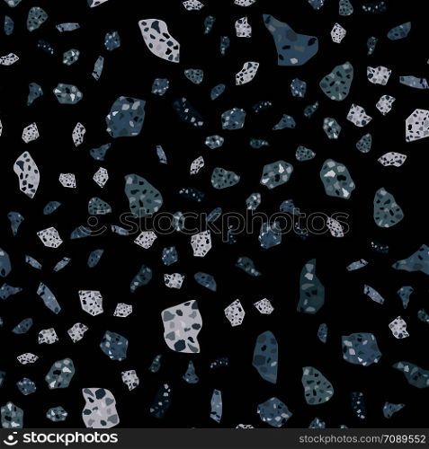 Dark Terrazzo seamless pattern design. Marble wallpaper on black background. Natural stone, granite, quartz shapes. Rock backdrop textured. Vector illustration. Dark Terrazzo seamless pattern design. Marble wallpaper