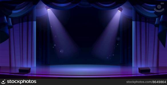 Dark theater stage with spotlights, curtains and empty space for text. Theatre interior, empty scene with luxury velvet drapes and decoration, music hall, opera, drama, Cartoon vector background. Dark theater stage with spotlights, curtain, drama