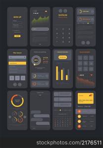 Dark theme ui kit. Digital modern interface app templates with various icons symbols frames preview search bars dividers and sliders vector user infographics. Illustration of ui, mobile nightmode app. Dark theme ui kit. Digital modern interface app pages templates with various icons symbols frames preview search bars dividers and sliders garish vector user infographics