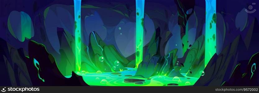 Dark toxic game cave inside cartoon background. Fantasy poisonous dungeon with green waterfall flow and underground stream design. Adventure inner rock mountain scene with glow sewage river and bubble. Dark toxic game cave inside cartoon background