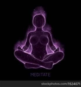 Dark vector concept of woman meditaion. Sacral energy flows through prayer body on his way to enlightment. Yoga pose of relaxation. Asian spiritual practice. Magical glowing energy and spakrs. Dark vector concept of woman meditaion. Sacral energy flows through prayer body on his way to enlightment. Yoga pose of relaxation. Asian spiritual practice. Magical glowing energy and spakrs.