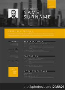 Dark Vector minimalist black, white and yellow cv / resume template design with profile and header photo. Minimalistic cv / resume template with header photo
