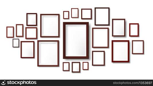 Dark wooden frames composition mockup. Photo frame hanging on wall, pictures grid and wood borders vector illustration template. Frame exhibition photo, framework empty on wall. Dark wooden frames composition mockup. Photo frame hanging on wall, pictures grid and wood borders vector illustration template