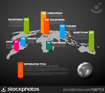 Dark World map infographic template with globe, color pointer marks and data numbers visualization. Dark World map infographic template