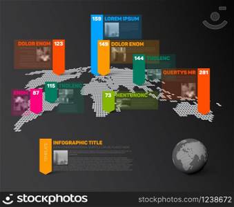 Dark World map infographic template with globe, color pointer marks, small photos and data numbers visualization. World map infographic template with photos