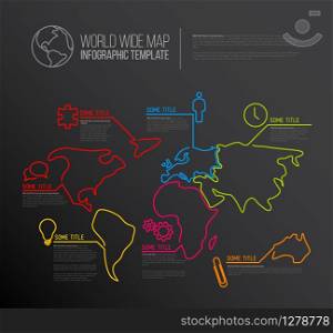 Dark World map infographic template with pointer marks and icons