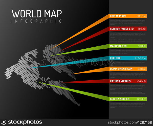 Dark World map infographic template with pointer marks (diagonal version). World map infographic template with pointer marks