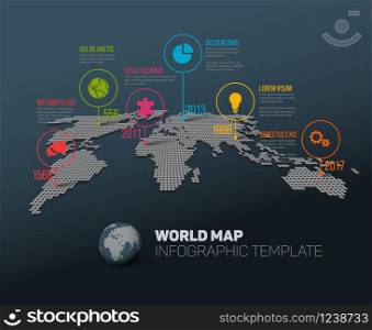 Dark World map with circle pointer marks and simple icons. World map with pointer marks and icons