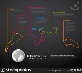 Dark World thin line map infographic template with pointer marks