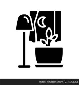 Darkness for houseplant growth black glyph icon. Better plant metabolism at night. Potted flower care. Silhouette symbol on white space. Solid pictogram. Vector isolated illustration. Darkness for houseplant growth black glyph icon