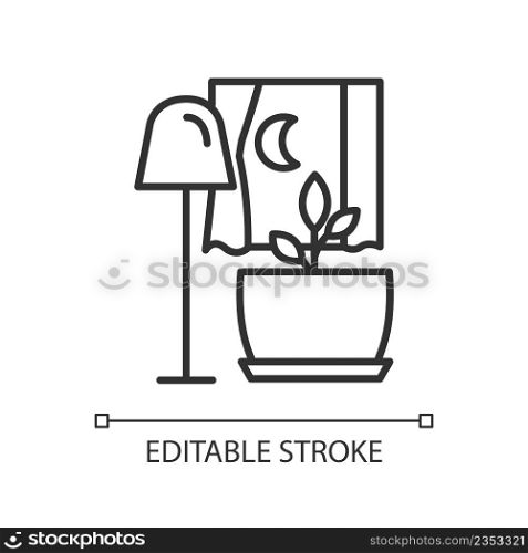 Darkness for houseplant growth linear icon. Better plant metabolism at night. Potted flower care. Thin line illustration. Contour symbol. Vector outline drawing. Editable stroke. Arial font used. Darkness for houseplant growth linear icon