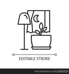 Darkness for houseplant growth linear icon. Better plant metabolism at night. Potted flower care. Thin line illustration. Contour symbol. Vector outline drawing. Editable stroke. Arial font used. Darkness for houseplant growth linear icon