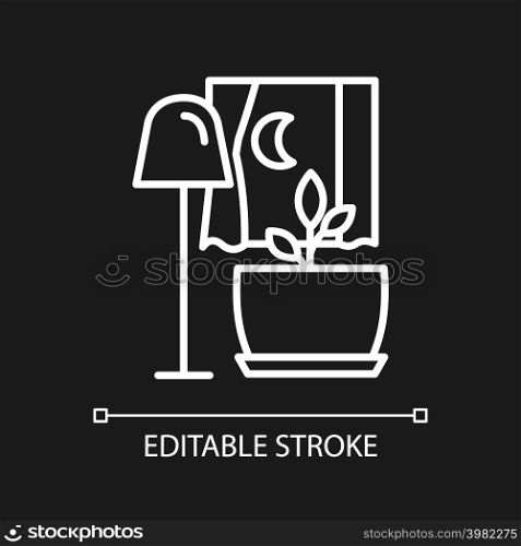 Darkness for houseplant growth white linear icon for dark theme. Better plant metabolism at night. Thin line illustration. Isolated symbol for night mode. Editable stroke. Arial font used. Darkness for houseplant growth white linear icon for dark theme
