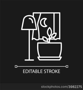 Darkness for houseplant growth white linear icon for dark theme. Better plant metabolism at night. Thin line illustration. Isolated symbol for night mode. Editable stroke. Arial font used. Darkness for houseplant growth white linear icon for dark theme