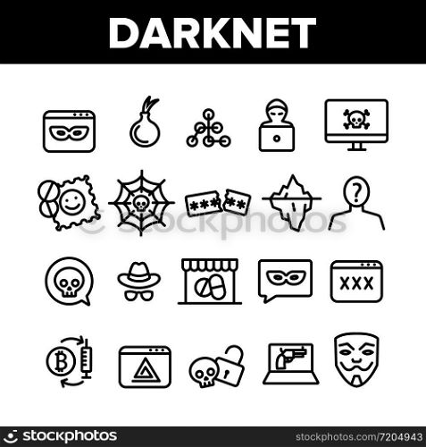 Darknet Collection Web Elements Icons Set Vector Thin Line. Password And Key Protection Dark Deep Internet And Security Darknet Concept Linear Pictograms. Monochrome Contour Illustrations. Darknet Collection Web Elements Icons Set Vector