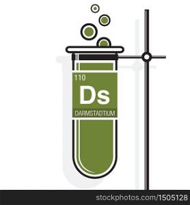 Darmstadtium symbol on label in a green test tube with holder. Element number 110 of the Periodic Table of the Elements - Chemistry