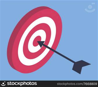 Dart arrow hitting center target, success concept vector. Market and business goal, dart game, bullseye and archery. Aim and win, dartboard and startup strategy, aiming in audience and marketology. Hitting Dart Target with Arrow, Business Success
