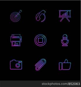 dart , focus , graph , like, microphone, stop, pin, printer, camera , paper pin ,icon, vector, design, flat, collection, style, creative, icons