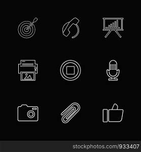 dart , focus , graph , like, microphone, stop, pin, printer, camera , paper pin ,icon, vector, design, flat, collection, style, creative, icons