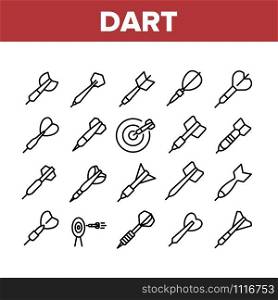 Dart For Play Game Collection Icons Set Vector Thin Line. Playing Equipment With Needle And Plumage In Different Form And Target Concept Linear Pictograms. Monochrome Contour Illustrations. Dart For Play Game Collection Icons Set Vector