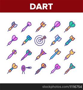 Dart For Play Game Collection Icons Set Vector Thin Line. Playing Equipment With Needle And Plumage In Different Form And Target Concept Linear Pictograms. Color Contour Illustrations. Dart For Play Game Collection Icons Set Vector
