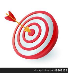 Dart hitting center of target 3D icon. Arrow hitting aim or bullseye 3D vector illustration on white background. Goal, success, achievement, marketing strategy concept