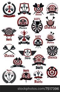 Dartboards with darts missiles and winner cups symbols for darts club or tournament design usage supplemented by heraldic shields and laurel wreaths, ribbon banners and wings, crowns and stars. Dartboards with darts symbols for sporting design