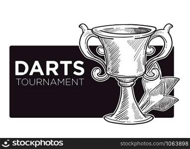 Darts championship, tournament sketch logo vector. Monochrome outline icon of trophy and arrows, isolated sign of sport activity. Reward for first place prize. Darts championship, tournament sketch logo vector. Monochrome outline