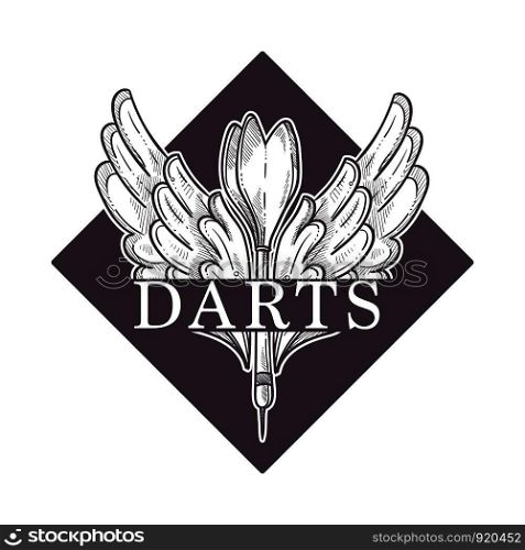 Darts championship, tournament sketch logo vector sign Monochrome outline icon of trophy and arrows, isolated sign of sport activity. Reward for first place prize. Darts championship, tournament sketch logo vector. Monochrome outline
