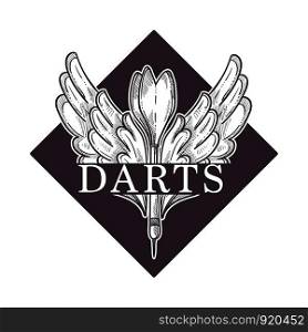 Darts championship, tournament sketch logo vector sign Monochrome outline icon of trophy and arrows, isolated sign of sport activity. Reward for first place prize. Darts championship, tournament sketch logo vector. Monochrome outline