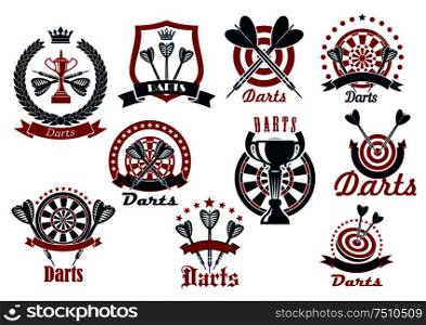 Darts club retro icons of dartboards and arrows with trophy cups, crowned by shield and wreath, decorated by stars and ribbon banners. Darts game sporting club icons