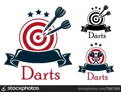 Darts emblem with crossed a dart board and darts over a blank ribbon banner with stars above in three color variants with text - Darts, one different design with crossed darts. Vector darts emblem