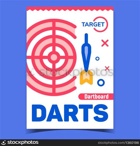 Darts Game Creative Advertising Banner Vector. Darts Equipment Circle Target Aim Dartboard And Throw Dart. Competition And Entertainment Concept Template Stylish Colorful Illustration. Darts Game Creative Advertising Banner Vector