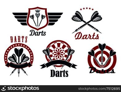 Darts game emblems and icons showing arrows on dartboard and heraldic shield, decorated by crown, stars, wings and ribbon. Darts game sporting emblems and icons