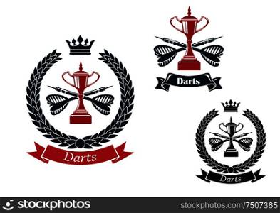 Darts game emblems with trophy cups, crossed darts arrows on the background, framed by laurel wreath with crown on the top and ribbon banners. Darts emblems with arrows and trophies