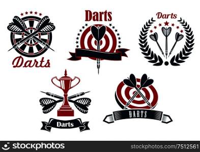 Darts game icons design with dartboard, arrows and trophy cup, adorned by stars, laurel wreaths and ribbon banners. Darts game icons with dartboard and arrows