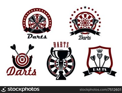 Darts game icons or symbols showing arrows with dartboards and medieval shield on background, decorated by ribbon banners, trophy cup, stars and crown. Darts game icons or symbols set